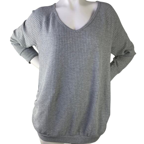 Two Beautiful Maternity Women V Neck LS Gray Waffle Knit Side Gathering Top S XL - Picture 1 of 9